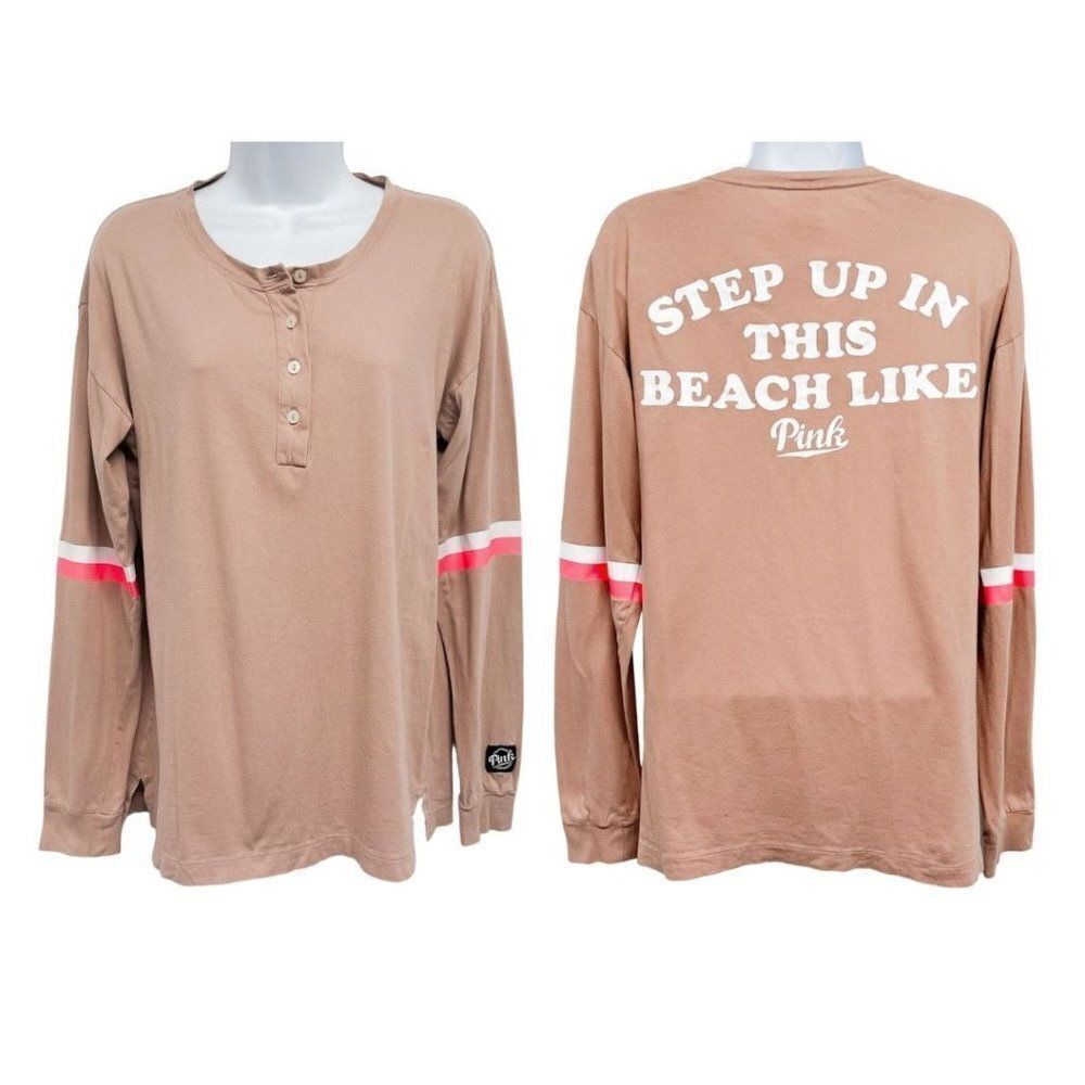 2/$30 PINK Victoria's Secret Y2K Beach Logo Long Sleeve Henley T-shirt Top VS